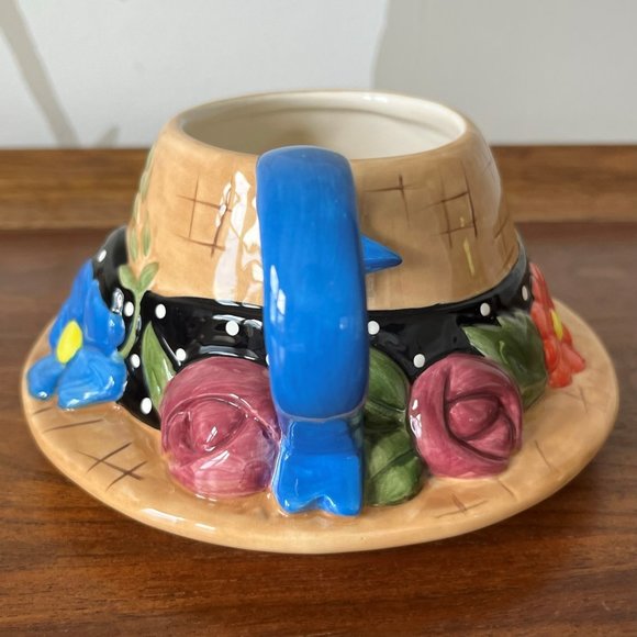 Mary Engelbreit Straw Hat Figural Mug by Charpente 1995 Polka Dot Bow & Flowers - Picture 6 of 9